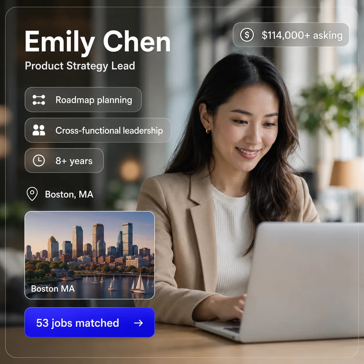 A candidate match card for Emily Chen, a Product Strategy Lead in Boston, MA, showing matched skills like roadmap planning and cross-functional leadership.